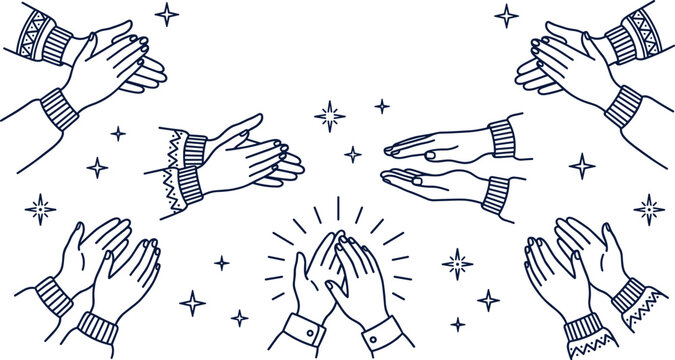 Hand Clapping and Applause Line Icon Set Featuring Ovation Gestures, Celebrating Hands, High Fives, and Sparkling Star Elements for Success Vector Designs