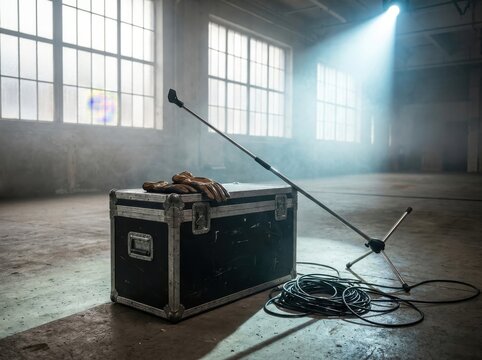 Professional equipment case with leather work gloves and a light stand in a spacious, dimly lit industrial warehouse with dramatic spotlighting
