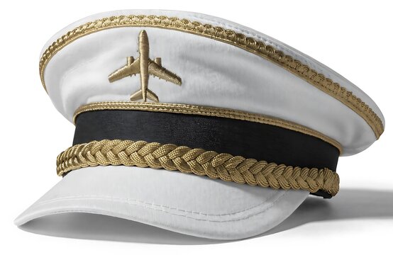 White pilot hat with gold braid and airplane embroidery on white background