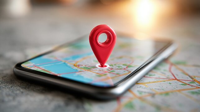 Red map pin on smartphone screen with paper