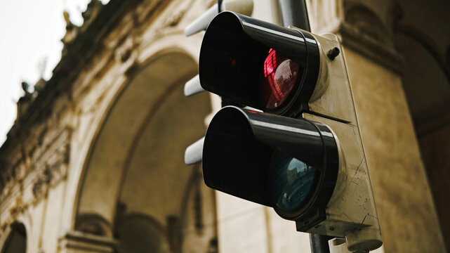 Pedestrian Red Traffic Light On A Historical European Street