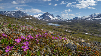 Pink alpine wildflowers blooming below snow-capped arctic peaks © Fotkrat