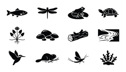 Obraz premium Aquatic Ecosystem Icons: Fish, Frog, Turtle, Beaver, Dragonfly, River, Plants, Rocks, Log, Hummingbird Vector Set