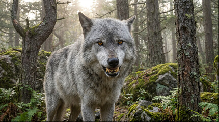Grey wolf baring its teeth in a misty coniferous forest © Fotkrat