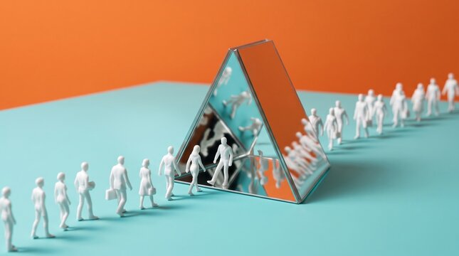 Tiny figures moving around mirror on a wooden table