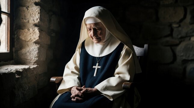 Elderly nun in traditional habit sits alone in stone room. Senior religious sister wearing cross pendant prays with humble expression. Spiritual faith, devotion in Christianity. Catholic woman