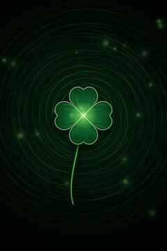 A glowing four-leaf clover representing luck and fortune against a dark abstract swirling green vortex background