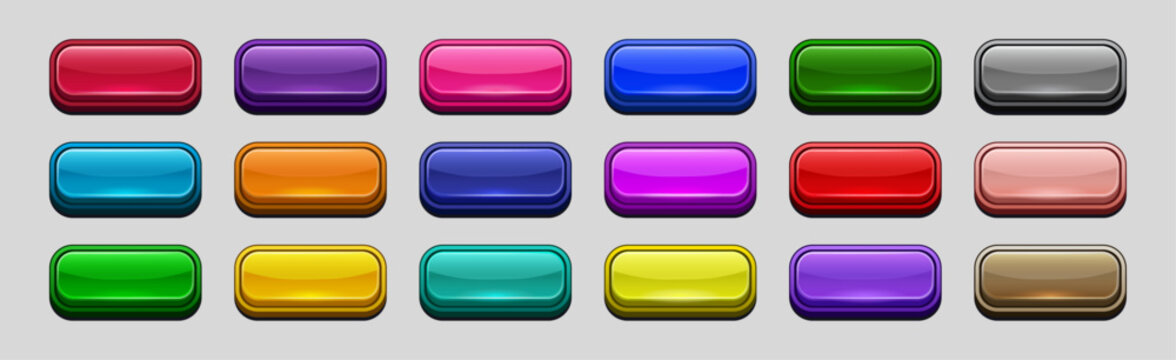 Glossy Rounded Game UI Buttons Set in Colorful Metallic Finishes, Editable AI file