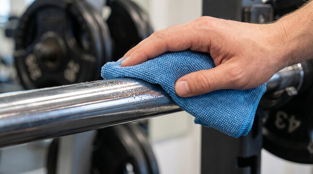 Wiping down gym equipment with a blue cloth for cleanliness  