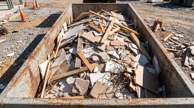 Piles of construction debris in dumpster at construction site  