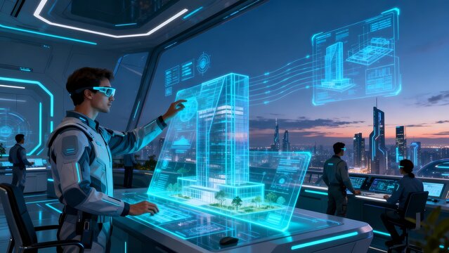 Futuristic architect designing smart sustainable building with interactive 3D holographic display in modern high-tech control center