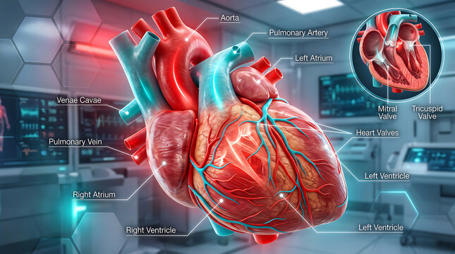 Detailed Anatomical Illustration Of Human Heart Showing Aorta Pulmonary Artery Venae Cavae Atria Ventricles Heart Valves And Mitral Tricuspid Valve Cross Section Inset