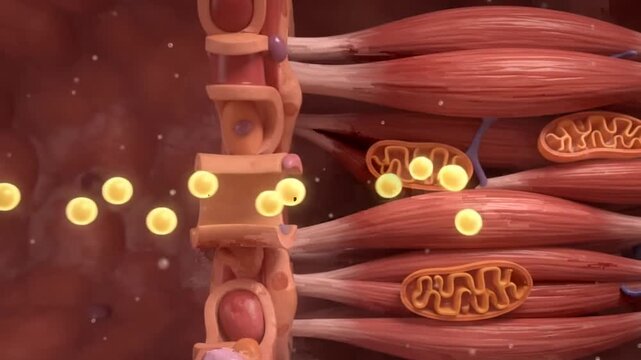 Microscopic view of cellular energy production showing yellow particles entering muscle fibers and interacting with mitochondria.