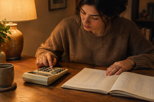 Focused woman managing home finances with calculator and ledger, serious female entrepreneur calculating expenses at wooden desk, cozy domestic workspace