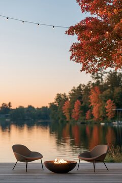 Lakeside autumn fire pit with two chairs and string lights on a dock for cozy evening background and relaxation