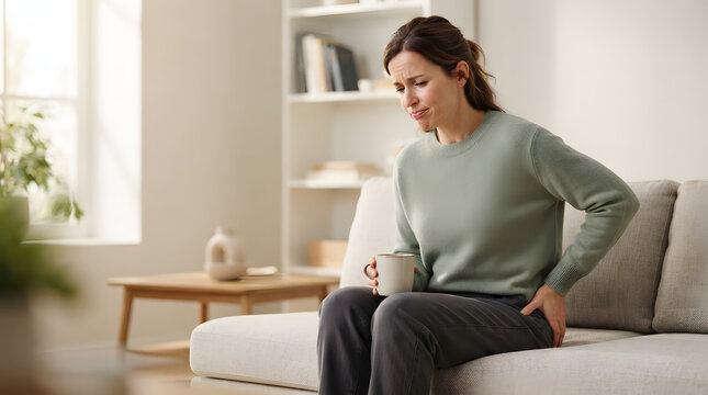 Woman sitting on couch feeling sudden lower back pain holding mug in bright living room