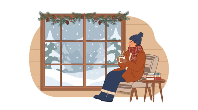 Cozy Winter Scene with Person Enjoying Warm Drink by Window.