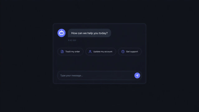 Modern chatbot interface design, dark mode customer support chat window, digital assistant user interface with help options and message input