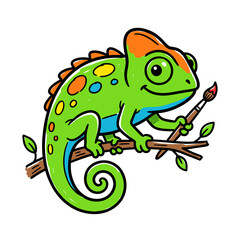 Obraz premium Artistic green chameleon sitting on a branch holding paintbrush.