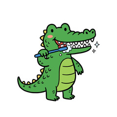 Obraz premium Cartoon crocodile brushing its teeth with a toothbrush.