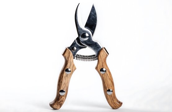 Metal pruner shears with wooden handles and spring mechanism