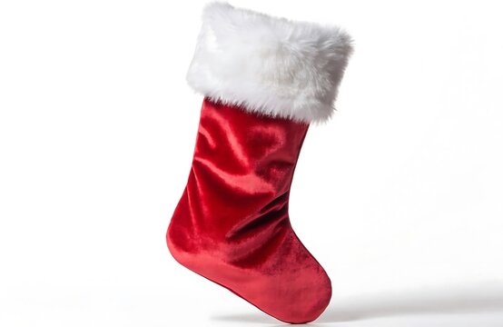 Red velvet christmas stocking with white fluffy faux fur cuff hanging