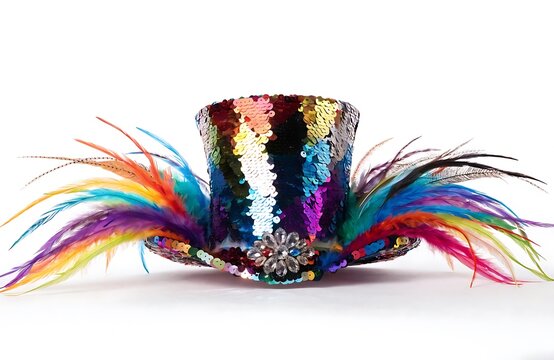 Colorful sequin top hat decorated with rainbow feathers and glittering