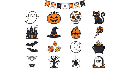 Fototapeta premium Halloween vector illustration set featuring cute spooky icons for festive seasonal holiday graphic design projects now