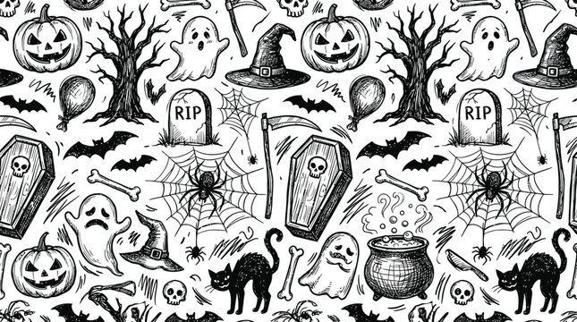 Seamless halloween pattern design featuring hand drawn vector sketches of spooky icons