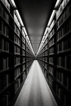 Empty library corridor with tall bookshelves stretching into distance. Symmetrical rows of books create leading lines with overhead lighting. Monochrome perspective evokes quiet study, deep knowledge.