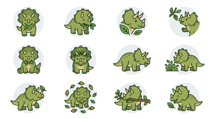 Cute green triceratops dinosaur cartoon character set. © arlo