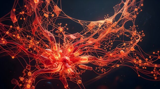 Detailed 3D rendering of a glowing red neuron structure with geometric connections.