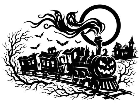 Spooky Halloween ghost train with pumpkin haunted houses and flying spirits