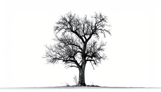 Solitary tree silhouette against a stark white background, emphasizing its stark beauty.