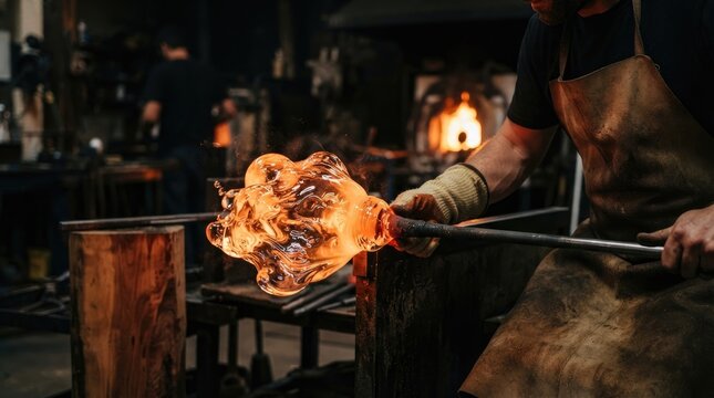 A skilled glassblower shapes molten glass in a workshop creating a glowing orange light effec with intense heat
