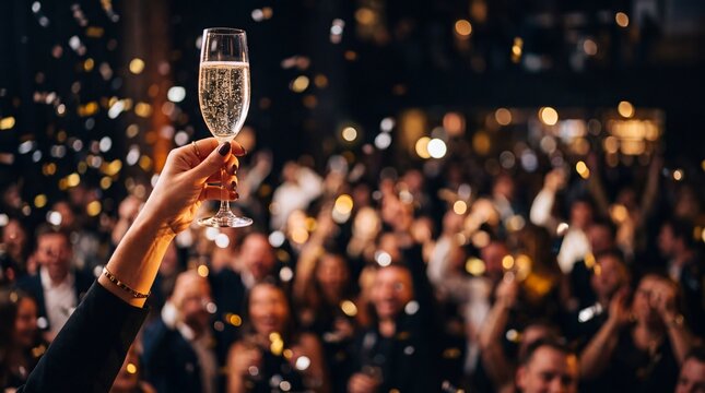 Hand Holding Champagne Glass Toasting at Celebration Party