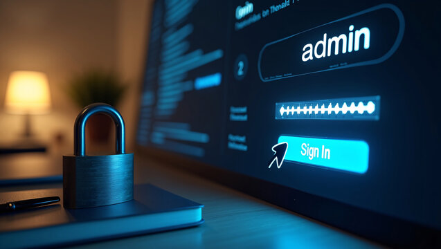 Metal padlock on notebook, large monitor with glowing admin login page, dim lit office, cybersecurity and data protection concept.