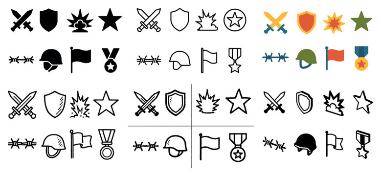 Military icons with sword shield minimal outline