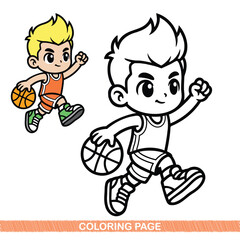 Obraz premium Coloring Page For Kids Boys Dunk On Basket Ball, Black and White Line Art Illustration for Kids Activity and Printable Coloring Book, Vector Illustration.