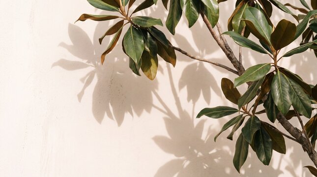 Tree Branch with Green Leaves Casting Shadows on Wall