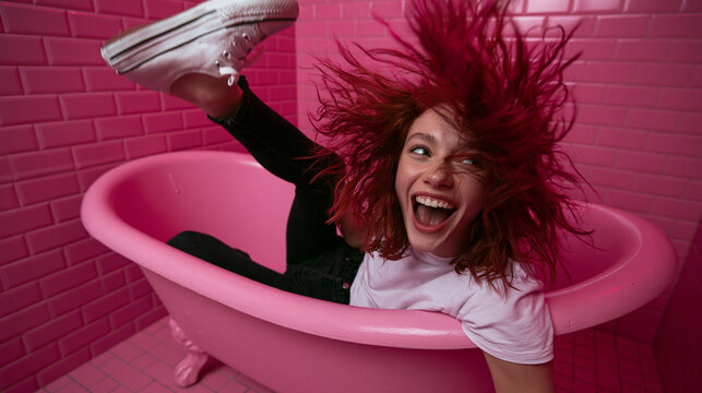 Playful Young Woman Having Fun Inside Pink Bathtub