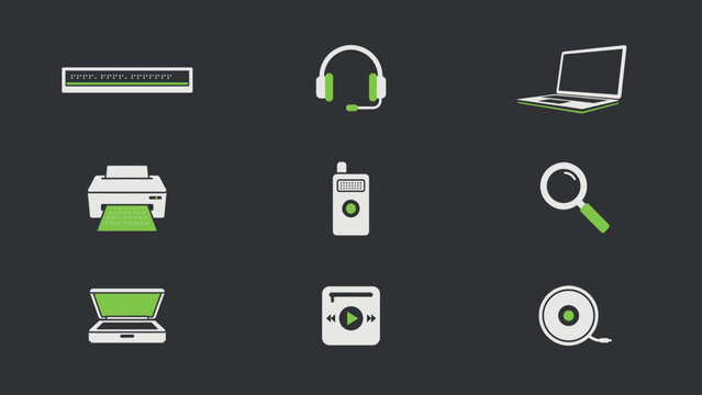 Icon set of screen reader and blind computing equipment on a charcoal ground
