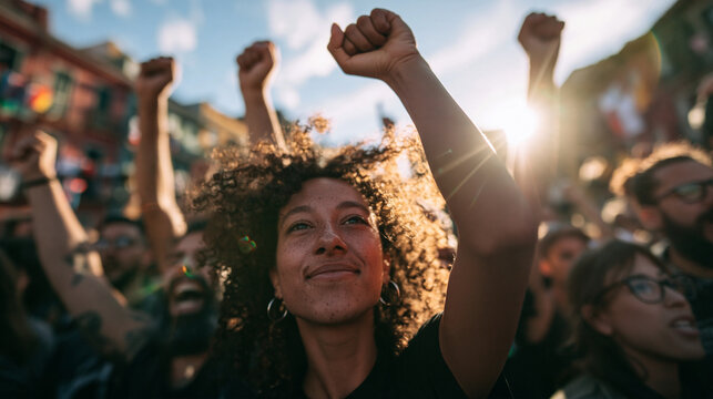 Young Woman Raising Fist During Peaceful Protest Rally