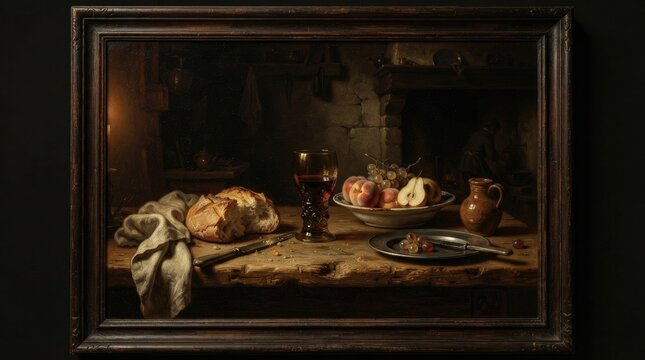 Classic still life painting featuring food and drink with a dramatic chiaroscuro light effec in a dark frame