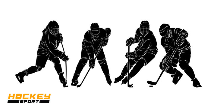 Set of an ice hockey player silhouettes isolated on a white background. Vector illustration ideal for winter sports icons, game graphics, and design projects.
