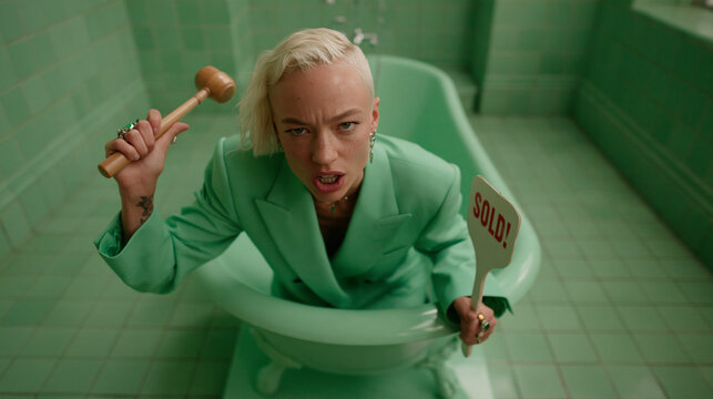 Woman Holding Auction Gavel and Sold Sign in Bathtub