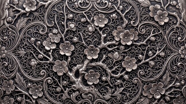 Antique Silver Filigree Relief with Blooming Floral Tree