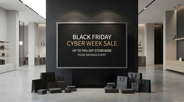Black friday cyber week sale advertisement sign displayed on a modern dark wall inside a retail store