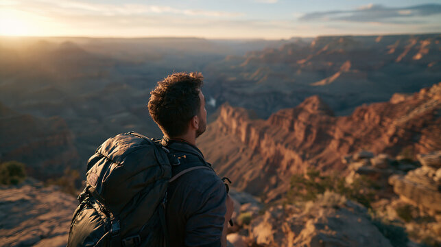 Hiker with Backpack Overlooking Canyon at Sunrise