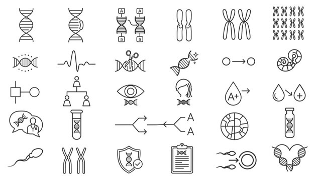 Set of black line icons for genetics, DNA, and molecular biology symbols.